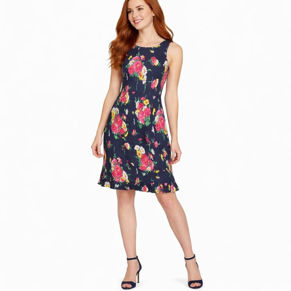 Lauren Ralph Lauren Floral Silk Dress Size 12 Navy Pink Yellow Ruffle Hem Lined